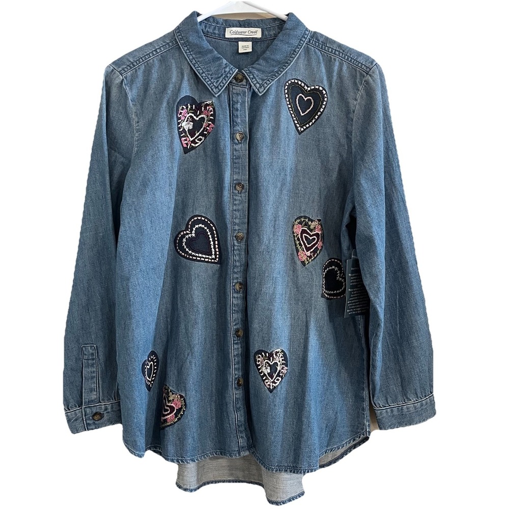 Coldwater Creek‎ Women's PM Embroidered Denim Button Up Shirt Country Hearts